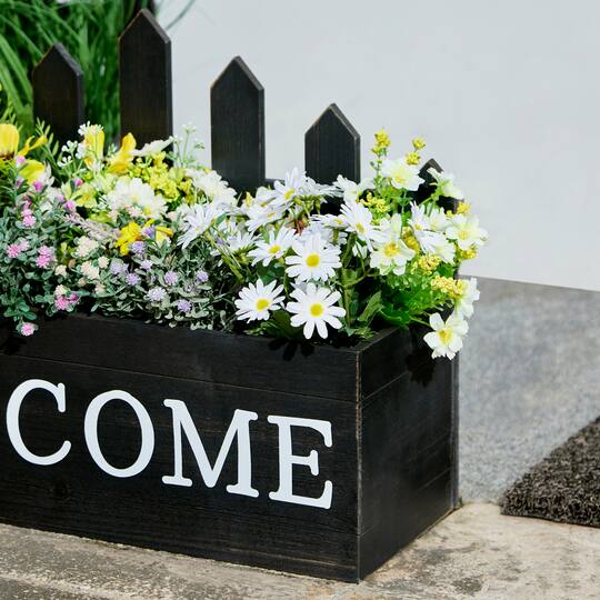 Glitzhome® Black Wood WELCOME Fence-Inspired Planter Stand Set
